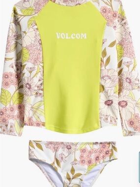 Volcom Lime and Floral Girls' Long Sleeve Rash Guard Swim Set
